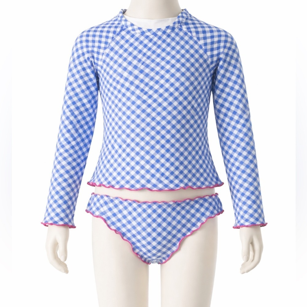 Hobie Girls Blue Gingham Rash Guard Bikini Set UPF 50+ Size 14 NWT
